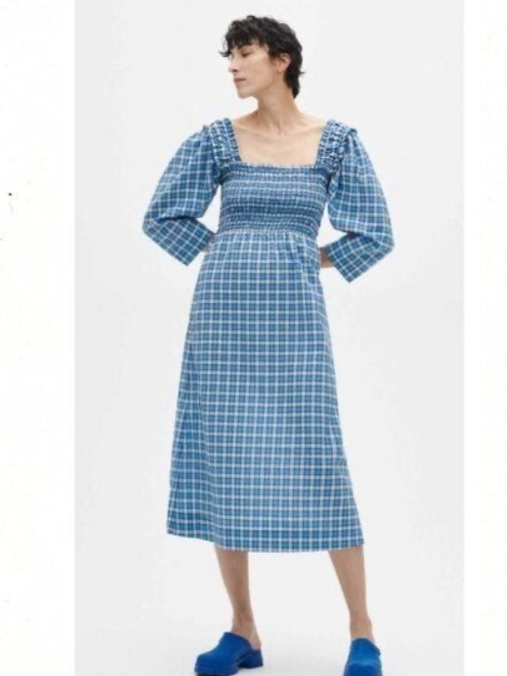 Ganni Blue Plaid Smocked Midi Dress - Women's